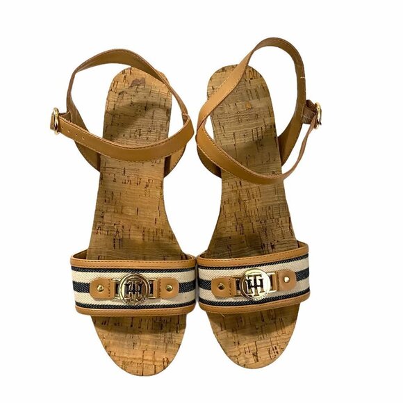 Tommy Hilfiger Women's Twhottie Nautical Logo Stripe Cork Wedge Sandals Size 9.5 - Picture 3 of 12
